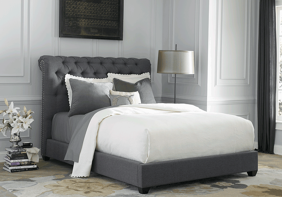 Chesterfield Gray King Upholstered Bed, Grey Chesterfield Headboard King Size