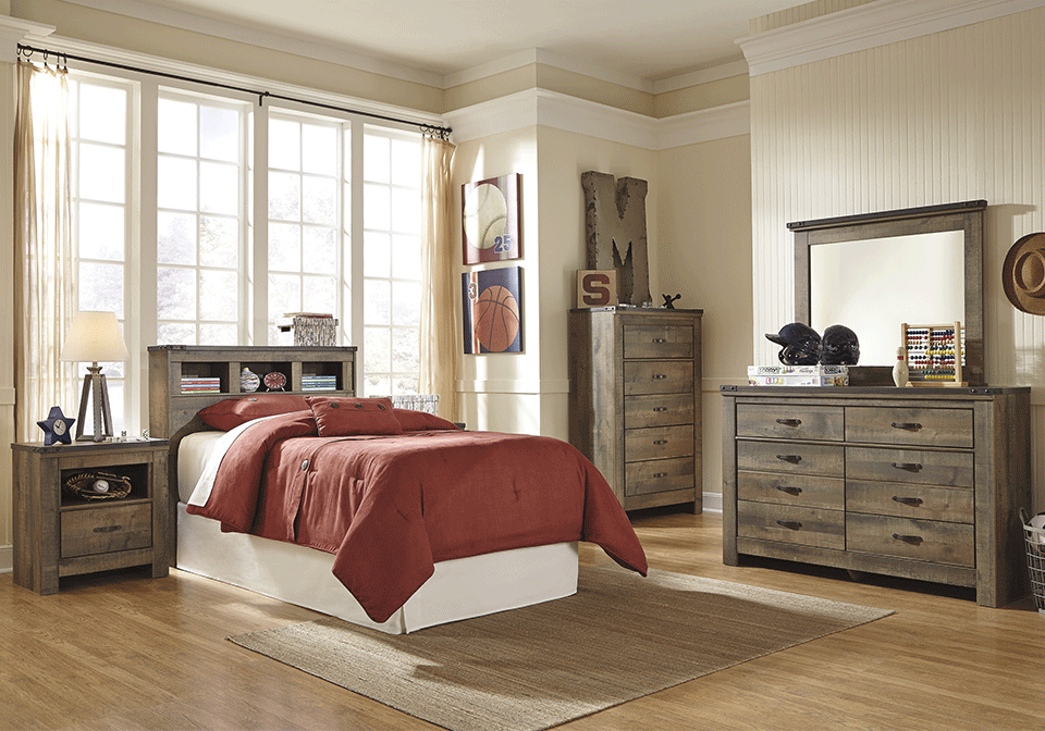 Trinell Brown Twin Bookcase Bed Bedroom, Twin Bed With Bookcase Headboard And Drawers Set