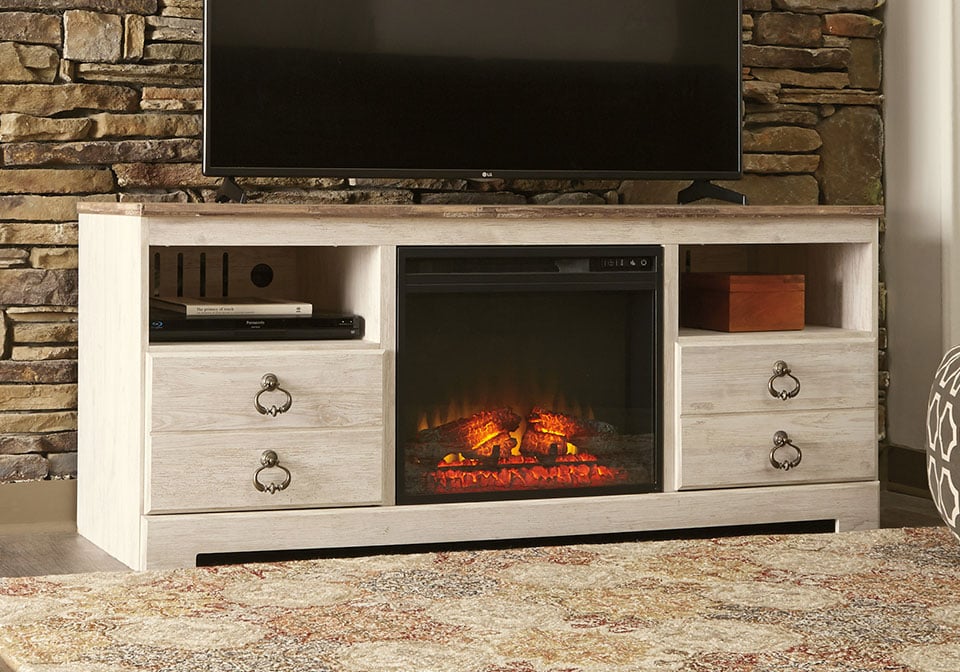 Willowton Whitewash Large TV Stand w/  Fireplace