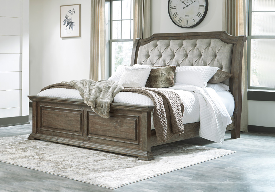 Wyndahl Brown Upholstered King Bed, King Size Panel Bed